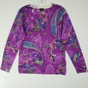 NWOT Talbots 100% Merino Wool Pullover Sweater Paisley Print Lightweight Boho L